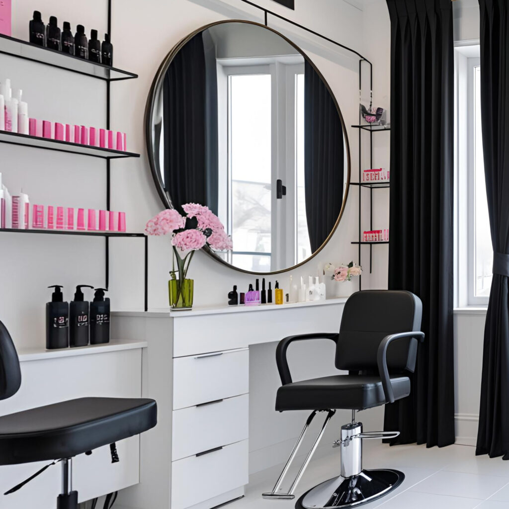 Elite Beauty salon Rowville white color with one black chair one big round mirror and shelves shwoing beauty equipment and black curtains - Edited Nail Salon In Rowville 3178