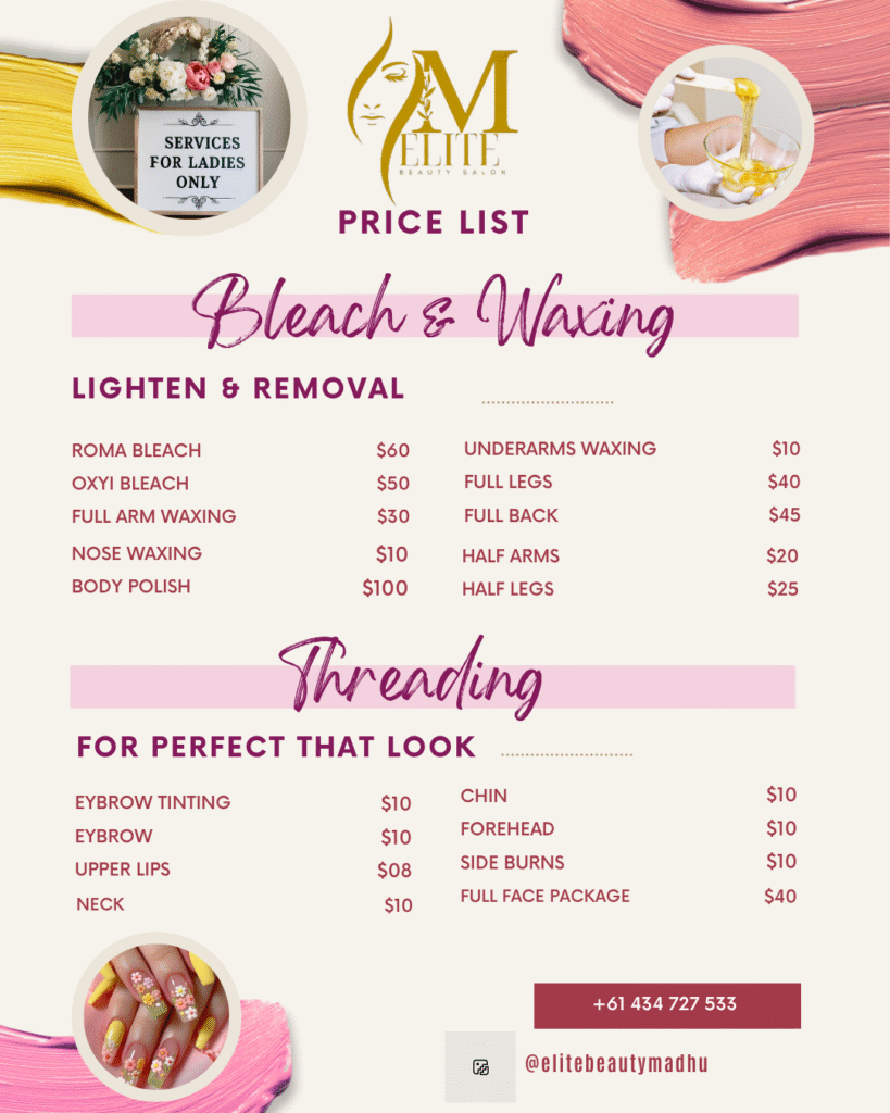 Beauty salon price list in Rowville 3178 Melbourne